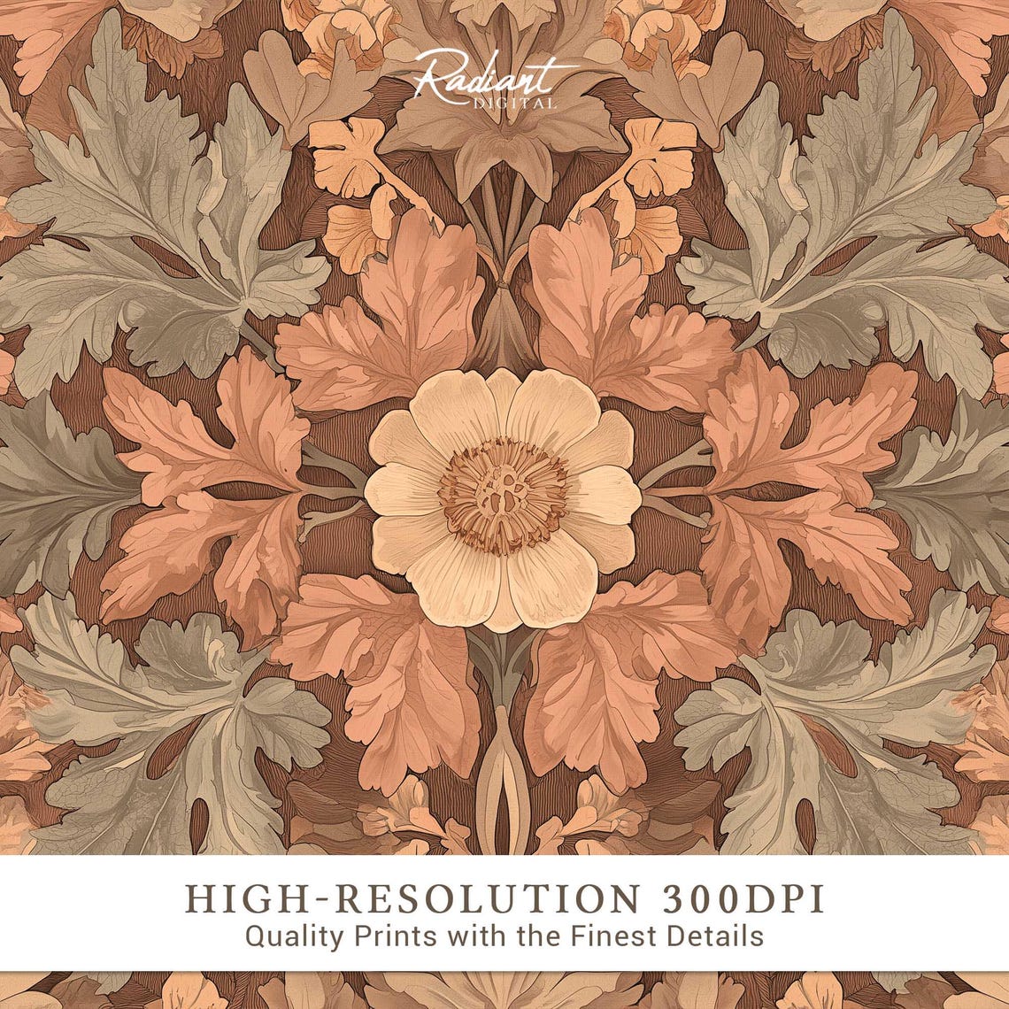 Symmetrical Art Nouveau Floral Pattern Cream Bloom Vintage Poster - Image 3