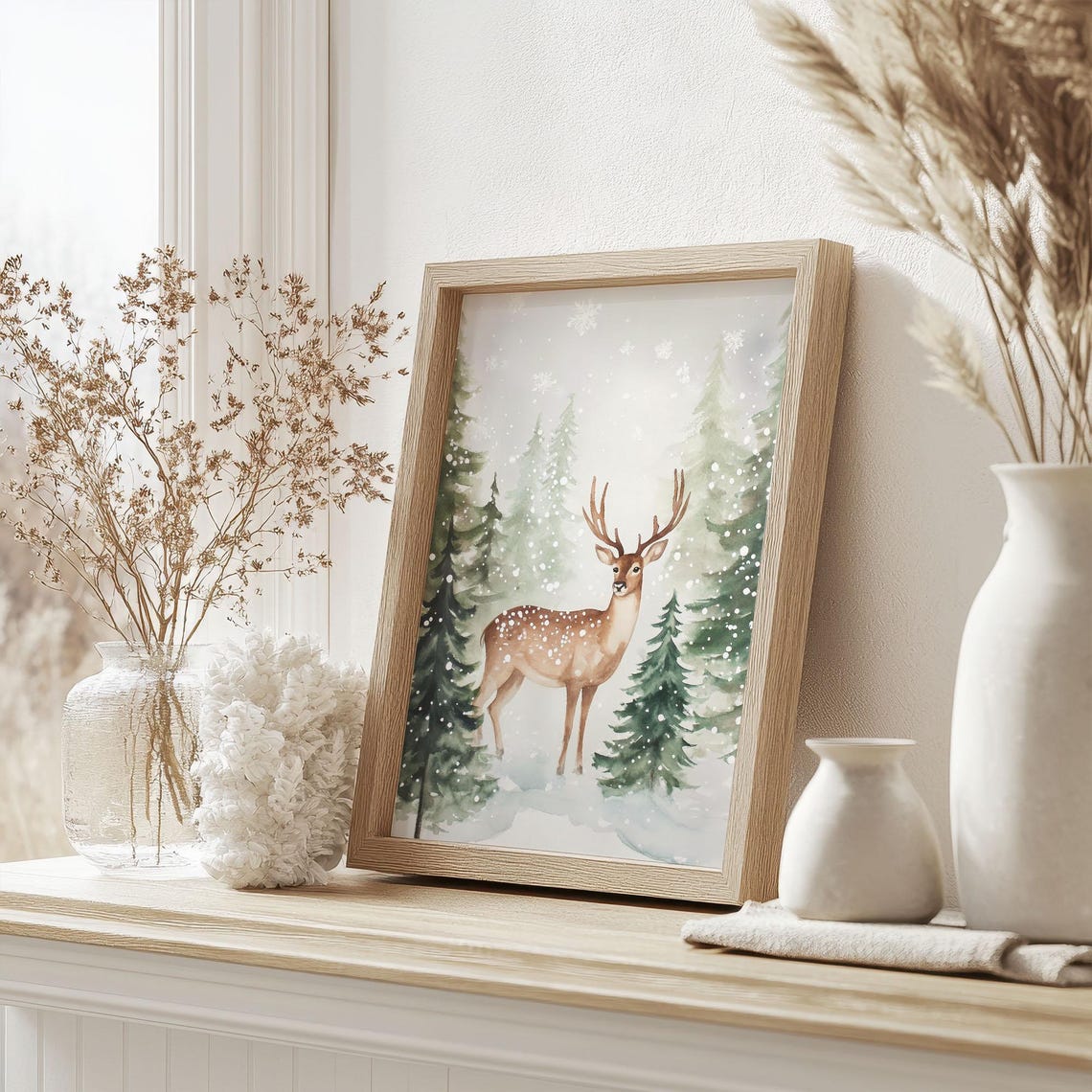 Watercolor Deer with Antlers Snowy Pine Forest Winter Poster