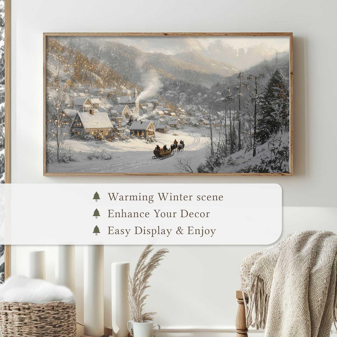 Winter Village Frame Tv Art Cozy Snowy Christmas Scene Horse Sleigh Ride Art Holiday Village Tv Art Festive Winter Frame Tv Display - Image 4