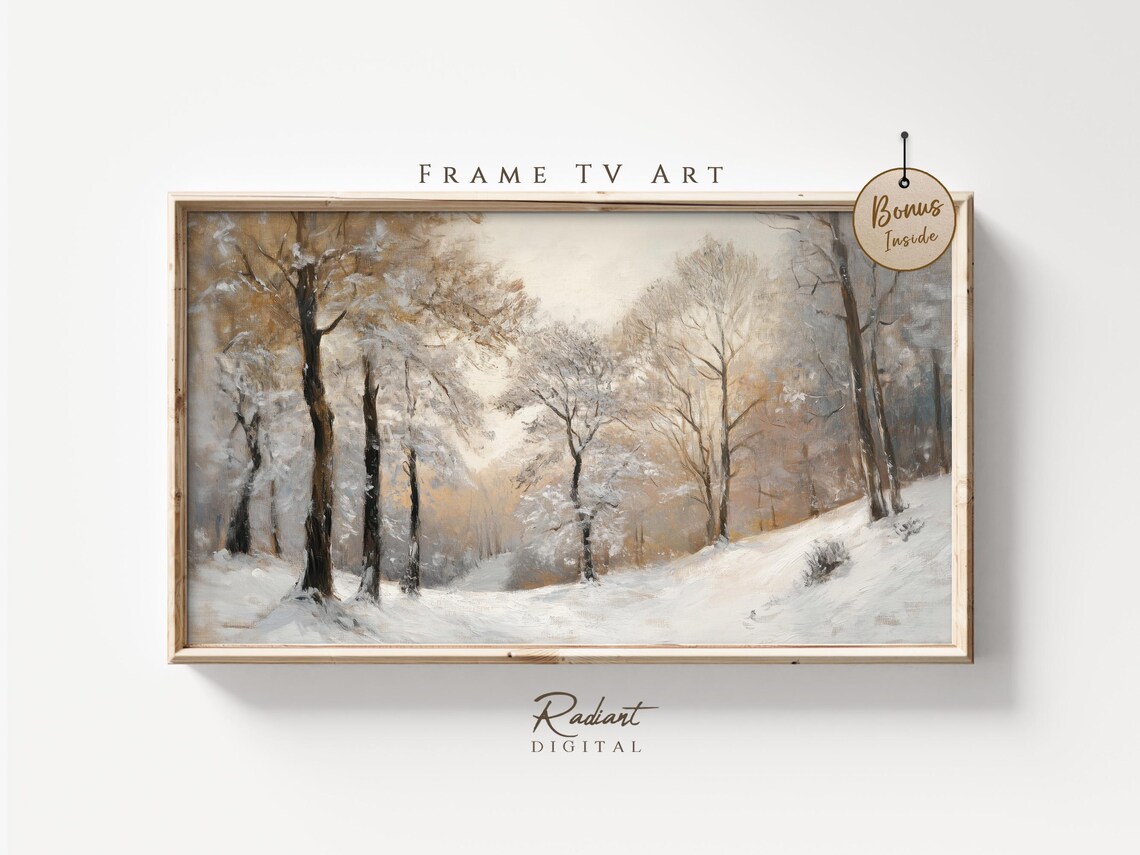 Golden Winter Forest with Snowy Path Luminous Landscape Watercolor Poster