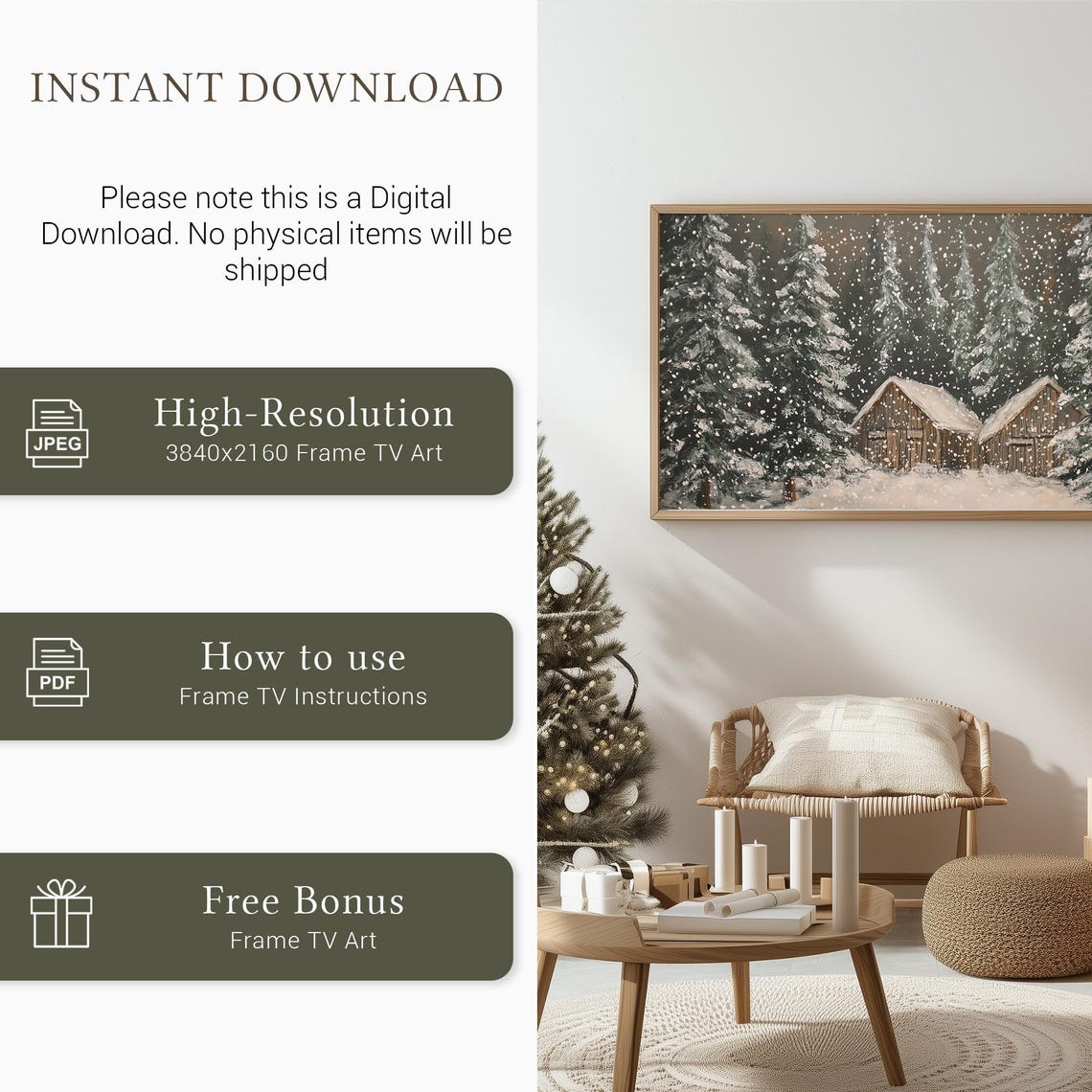 Log Cabins Snowy Pines Falling Snow Winter Watercolor Poster - Image 5