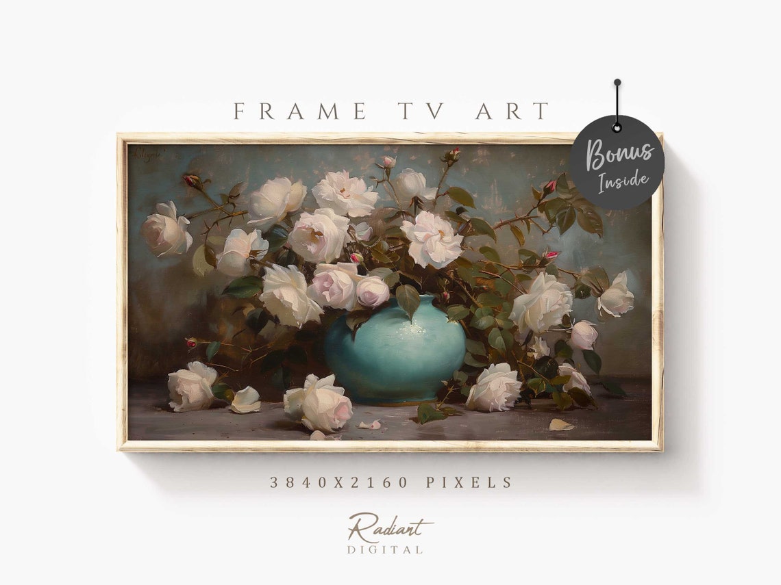 White Roses in Turquoise Vase Elegant Floral Still Life Poster