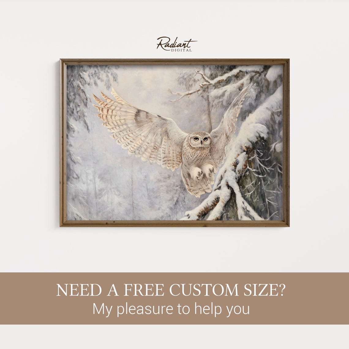 Snowy Owl Landing on Snowy Branch Winter Forest Scene Poster - Image 3
