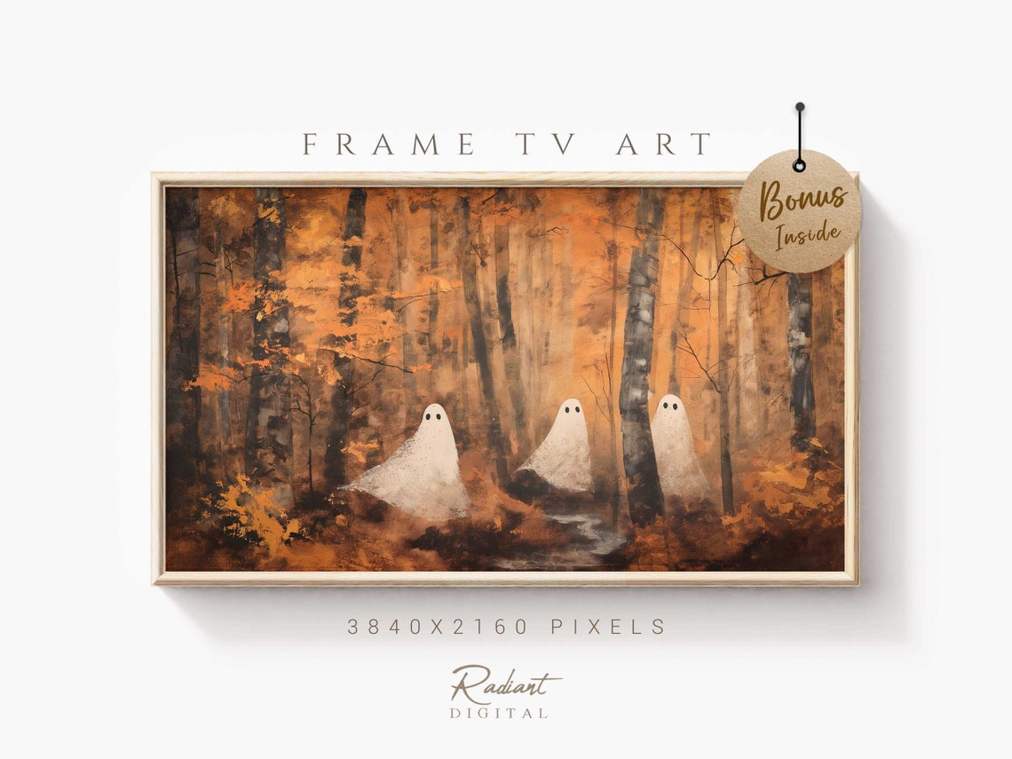 Three Drifting Ghosts in Golden Autumn Birch Forest Spooky Poster