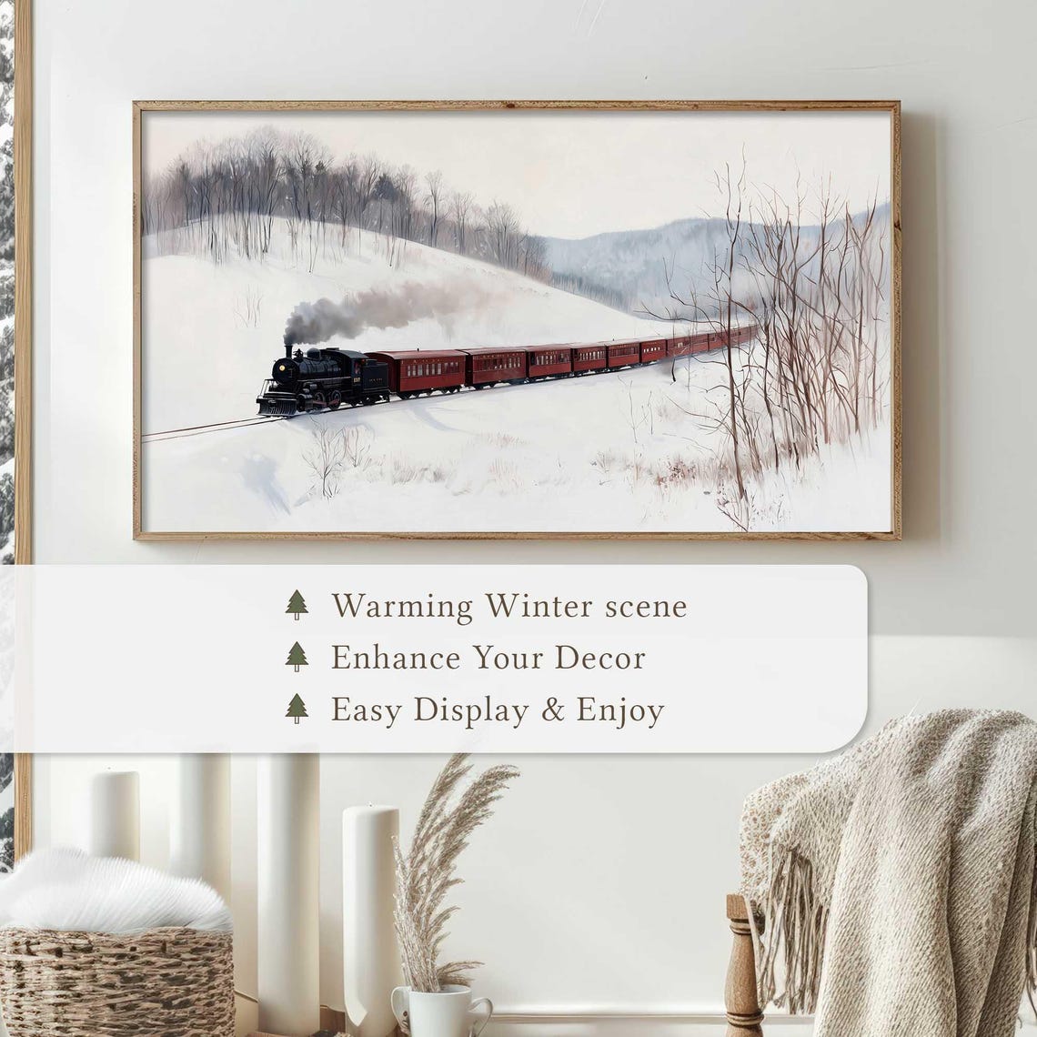 Vintage Steam Train With Red Cars Crossing Snowy Winter Wall Art - Image 4