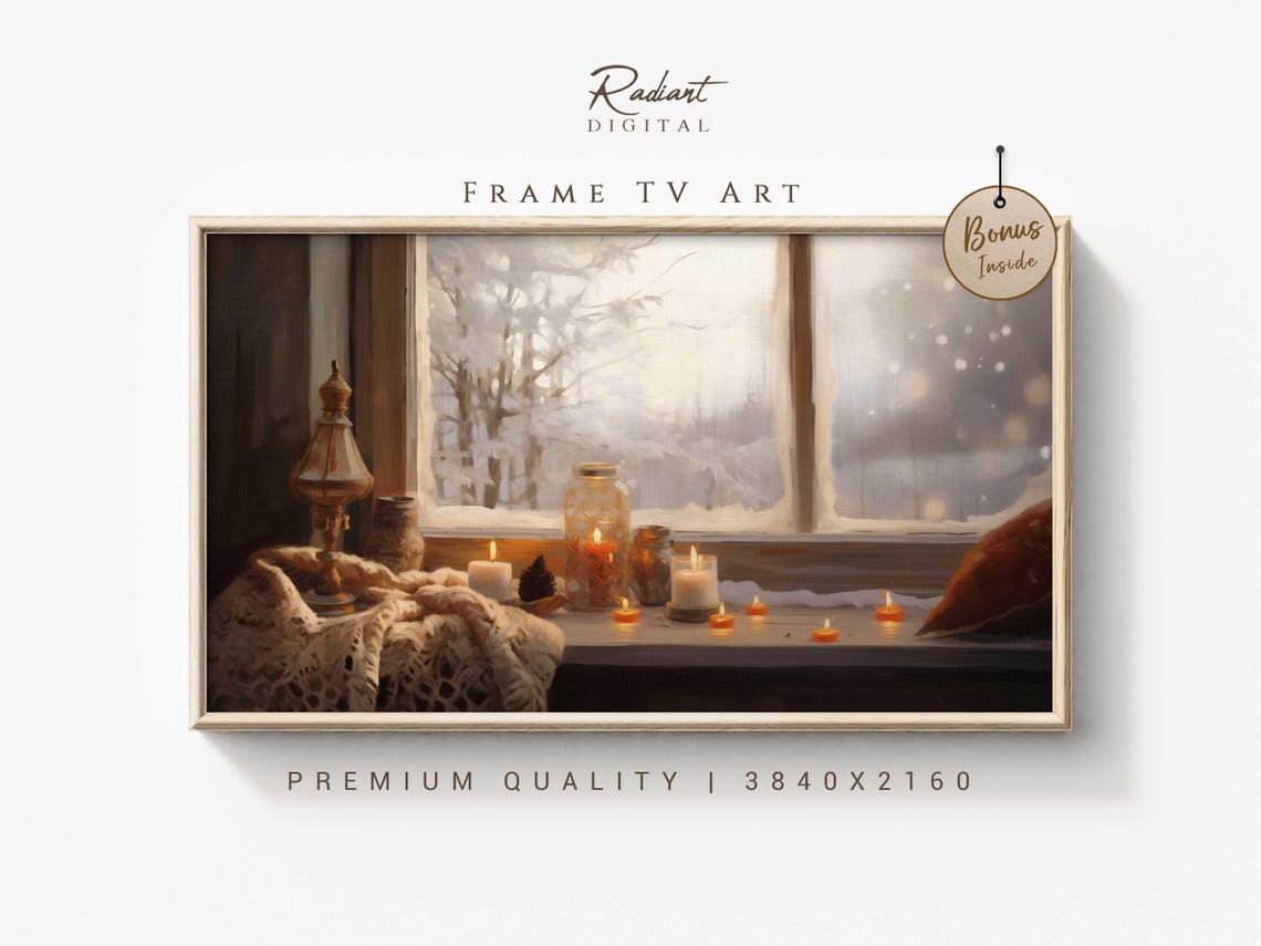 Cozy Winter Window Candlelight Frosty Snowfall View Wall Art