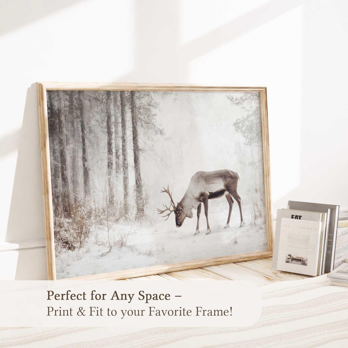 Lone Reindeer in a Snowy Birch Forest Winter Watercolor Poster - Image 5