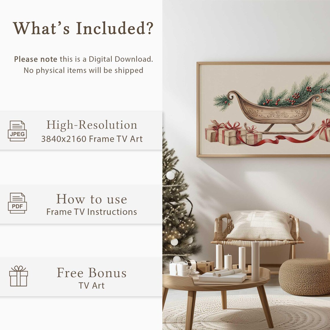 Wooden Sleigh Pine Boughs Red Ribbons Gifts Christmas Sketch Wall Art - Image 5