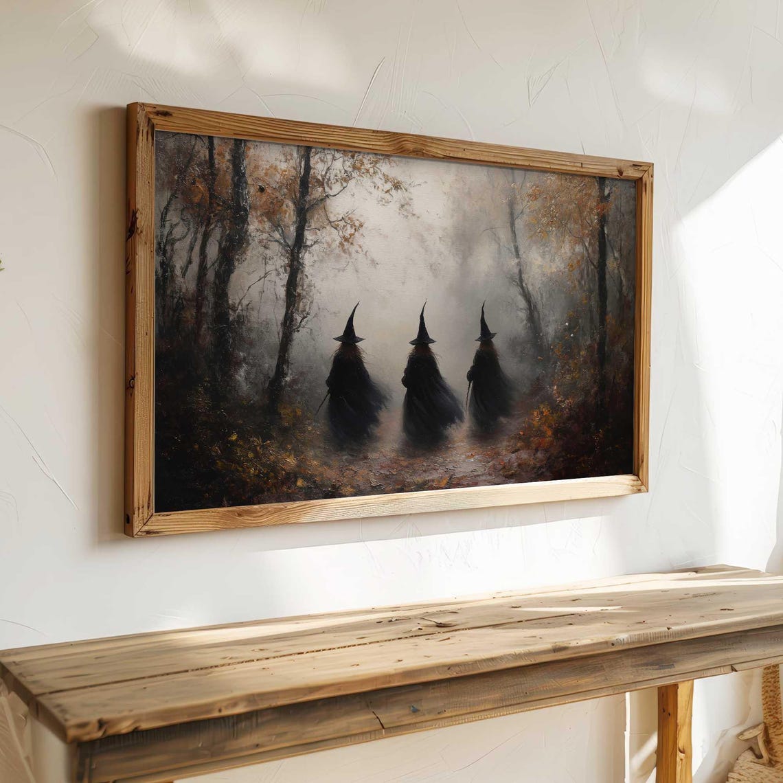 Three Witches Vanishing Into Foggy Autumn Woods Halloween Poster - Image 3