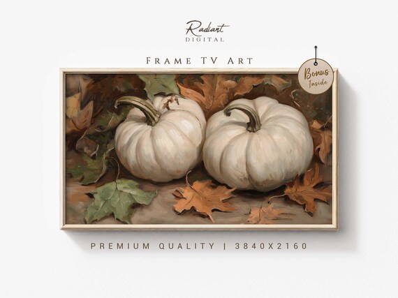 White Pumpkins on Autumn Leaves Oil Painting Fall Harvest Art Print