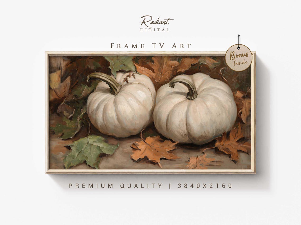 White Pumpkins on Autumn Leaves Oil Painting Fall Harvest Art Print