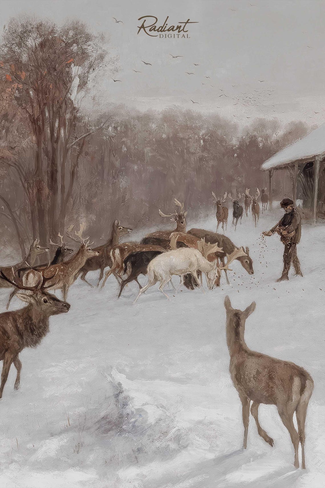 Antique Winter Deer Herd Feeding By Snowy Barn Painting Wall Art - Image 3