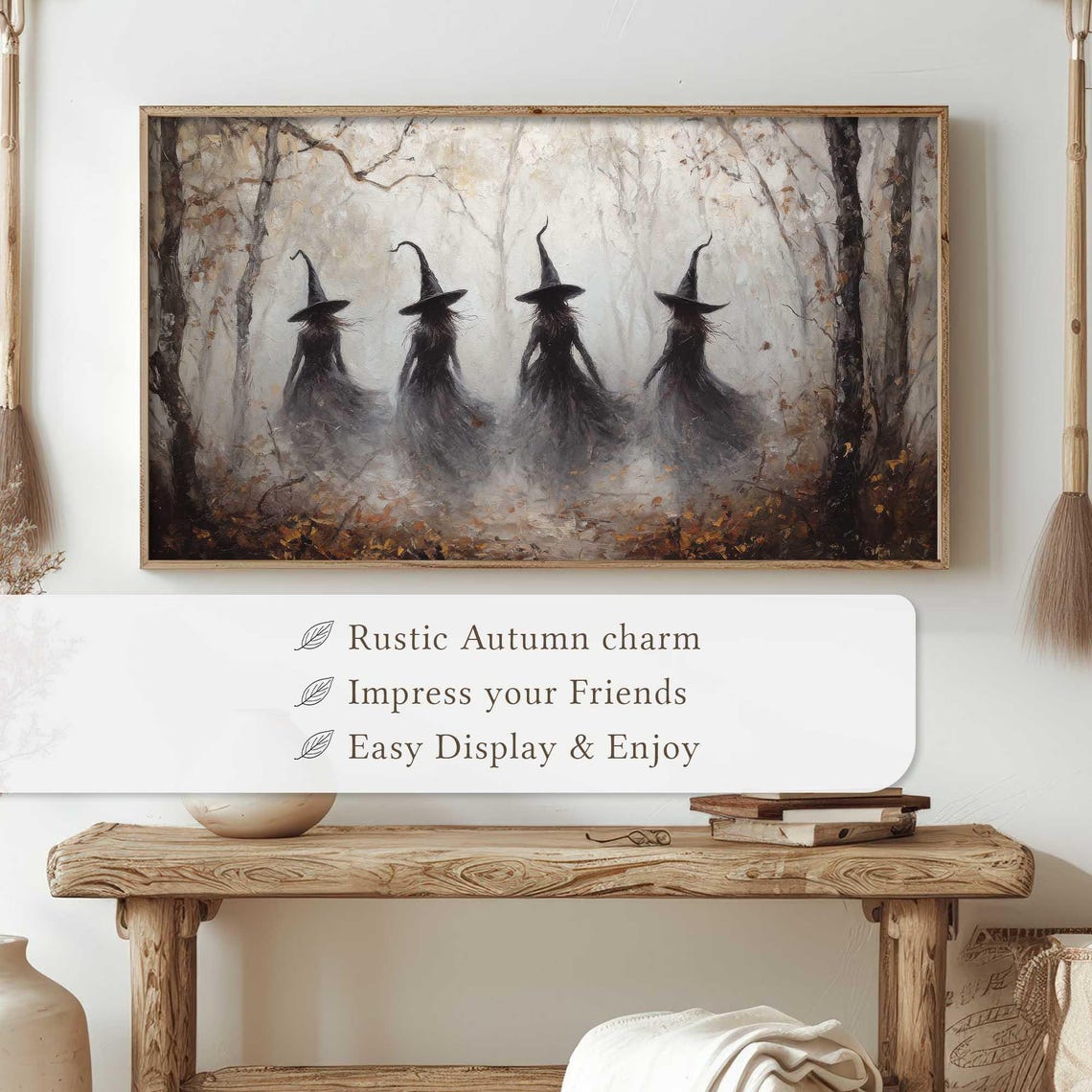 Witch Silhouettes in Foggy White Forest Gothic Halloween Art Poster - Image 4