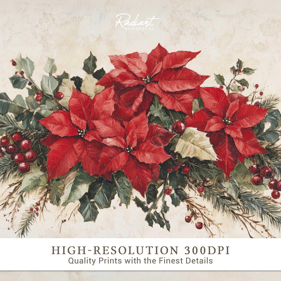 Red Poinsettia Christmas Floral Arrangement Berries Pine Wall Art - Image 3