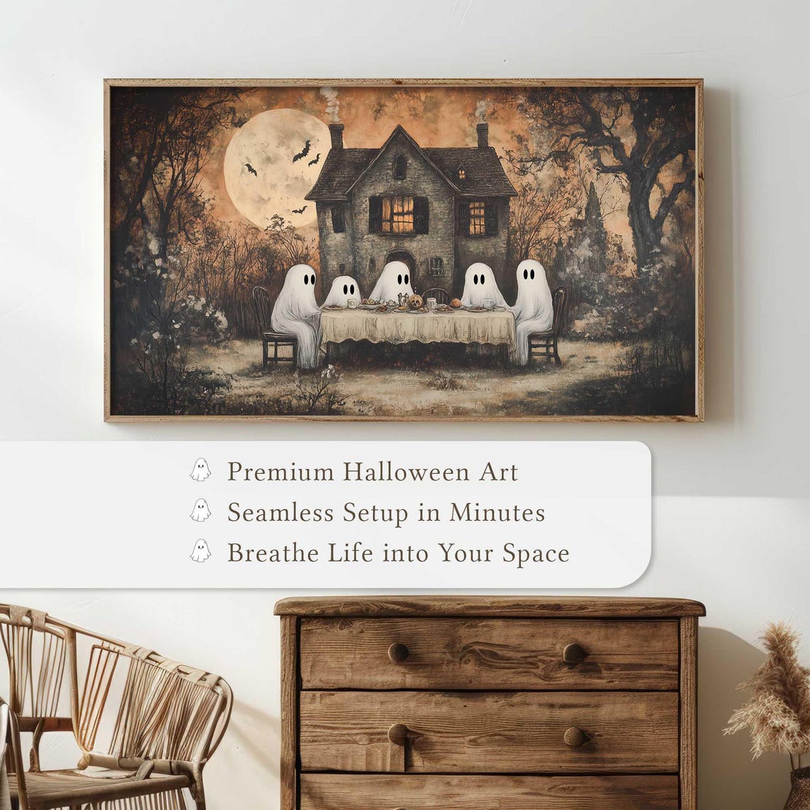 Ghost Tea Party at Haunted House Full Moon Halloween Art Poster - Image 5