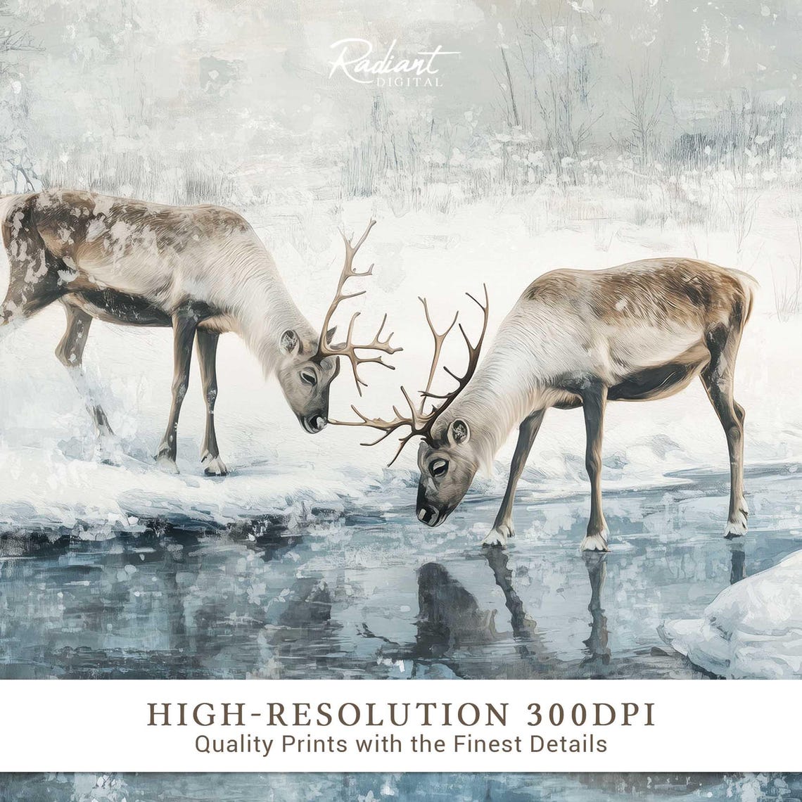 Two Reindeer Drinking at a Frozen Stream Winter Watercolor Poster - Image 3