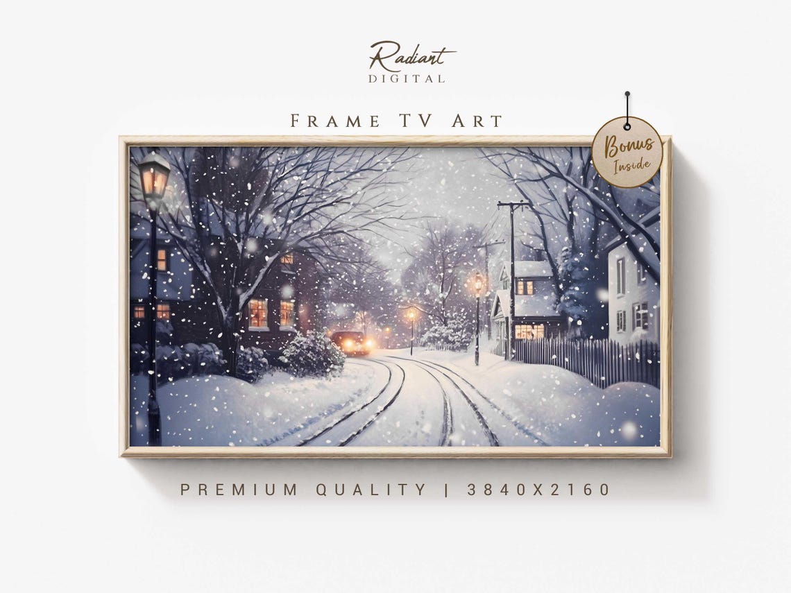Snowy Village Street Lampposts Nightfall Winter Scene Wall Art
