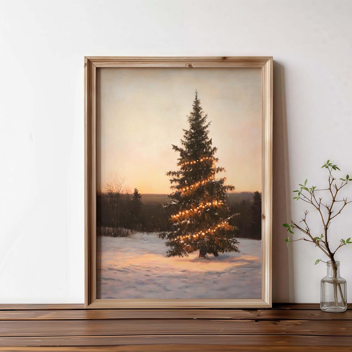 Lit Pine Tree at Sunset over Snowy Field Winter Evening Poster