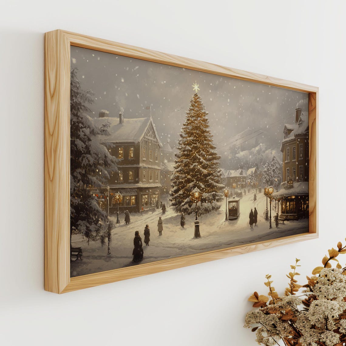 Snowy Mountain Village Christmas Tree and Trolley Scene Poster - Image 4