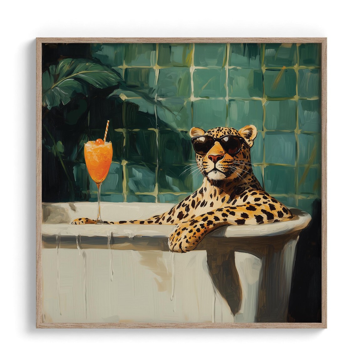 Leopard in Bathtub With Sunglasses and Cocktail Funny Art Poster