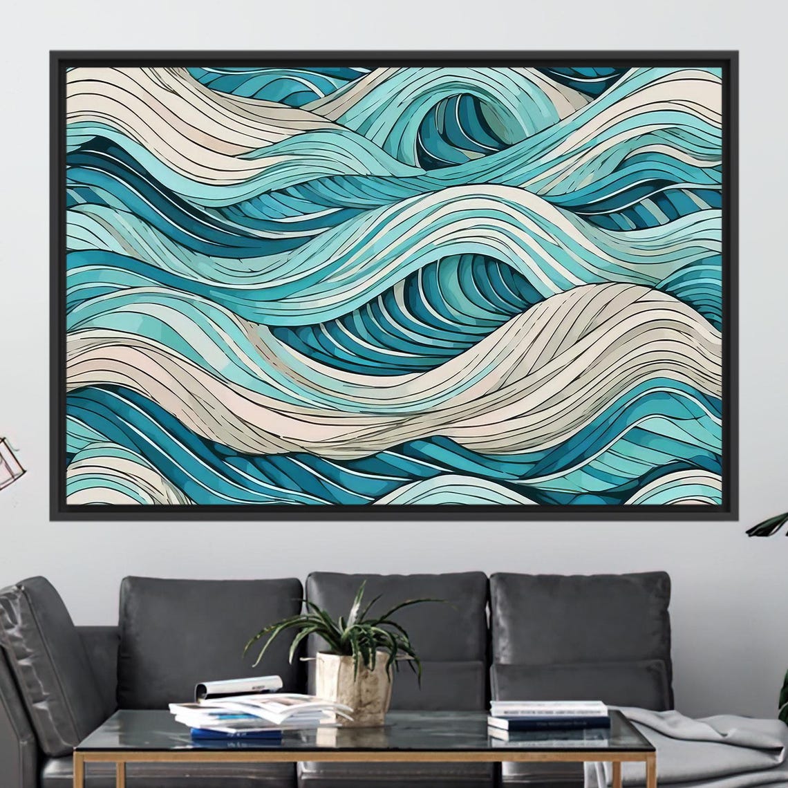 Abstract Teal Cream Ocean Waves Modern 3D Flow Coastal Poster