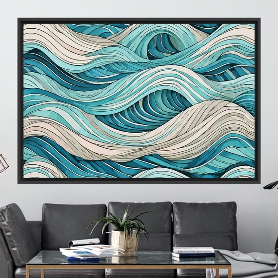 Abstract Teal Cream Ocean Waves Modern 3D Flow Coastal Poster