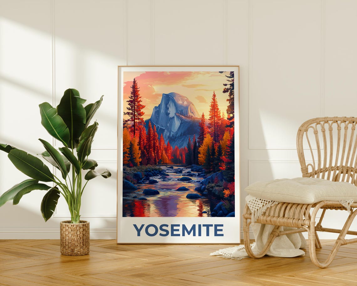 Yosemite Half Dome Autumn River Sunset Pine Forest View Travel Poster - Image 2