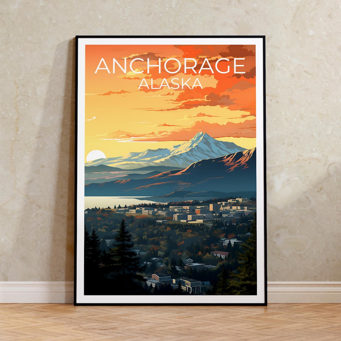 Anchorage Alaska City Sunset Snowy Mountains Valley View Travel Poster