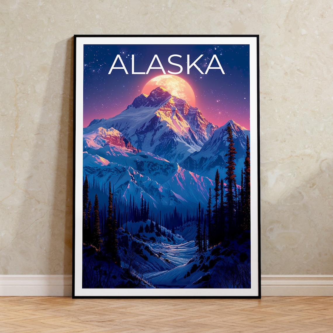 Alaska Snow Capped Peak Moonrise Pine Forest Night Travel Poster