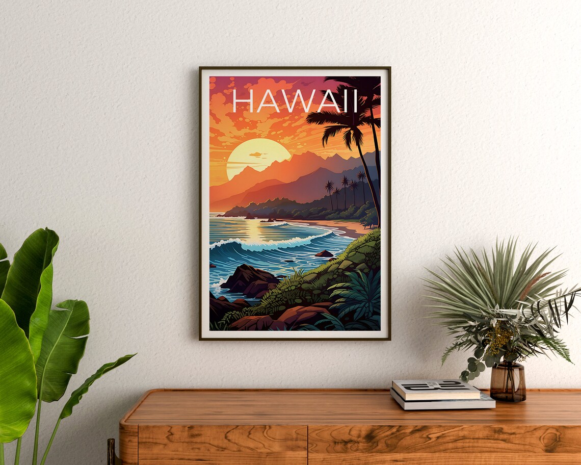 Hawaii Island Sunset Coastline Palm Silhouettes Vintage Travel Poster - Image 3