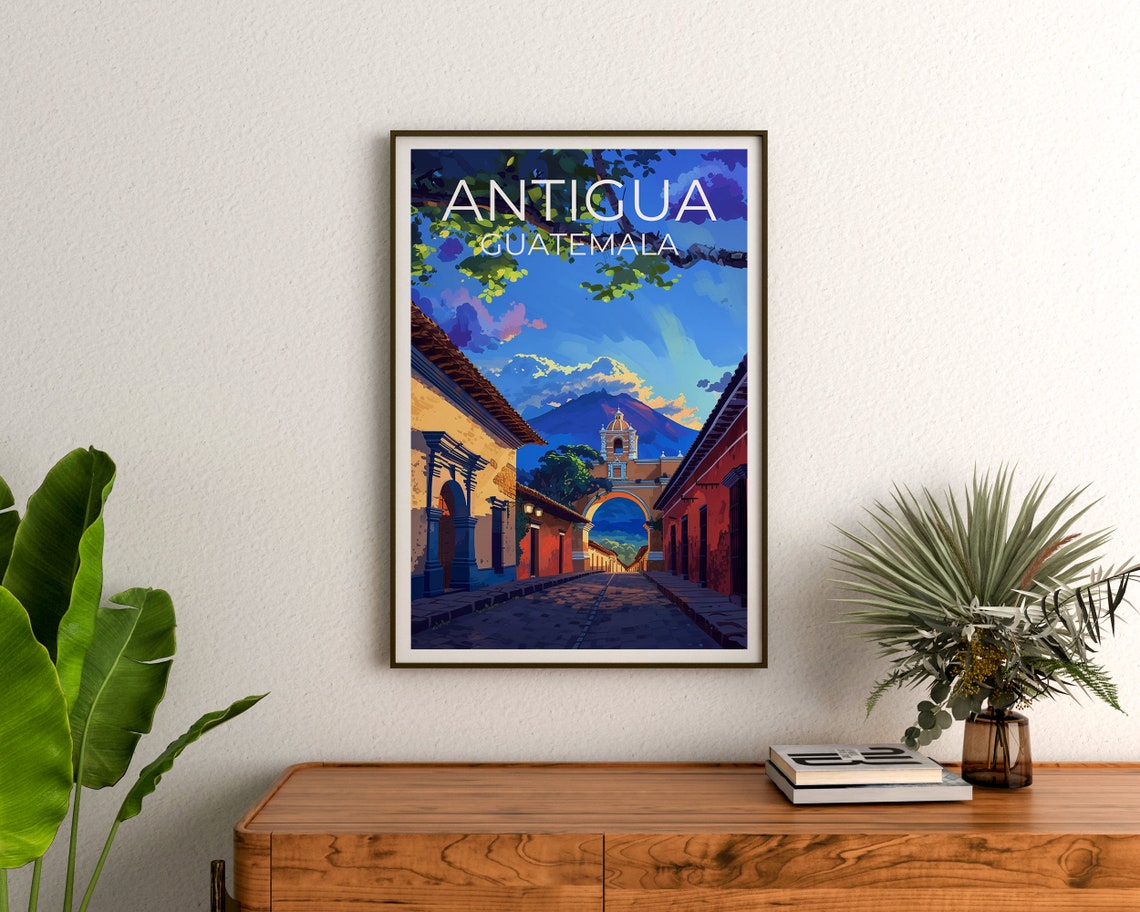 Antigua Guatemala Colonial Arch Volcano Cobblestone Street View Poster - Image 3