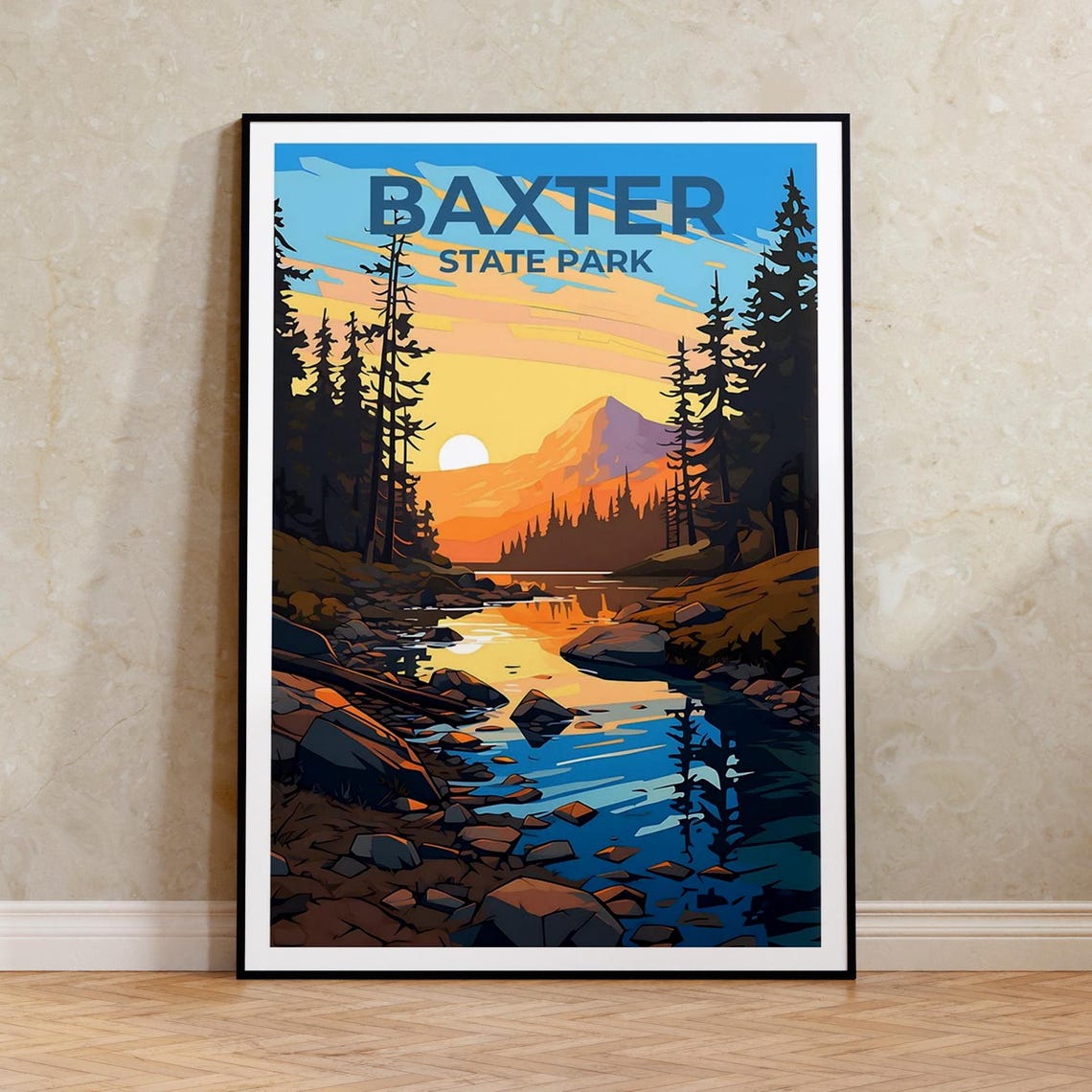 Baxter State Park Maine Sunset Lake Mountain Vintage Travel Poster