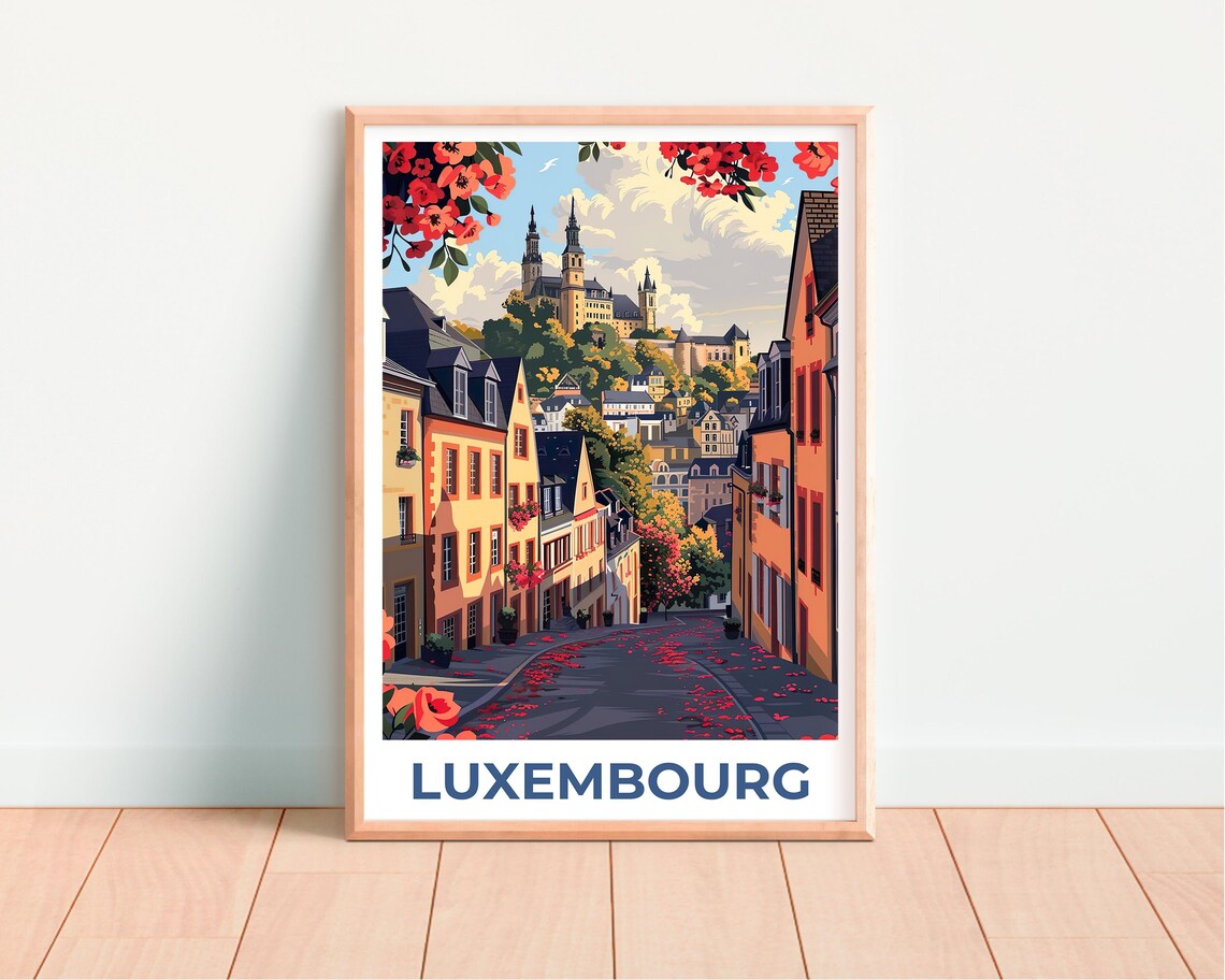 Luxembourg City Flower Lined Street Cathedral Hilltop Travel Poster - Image 2