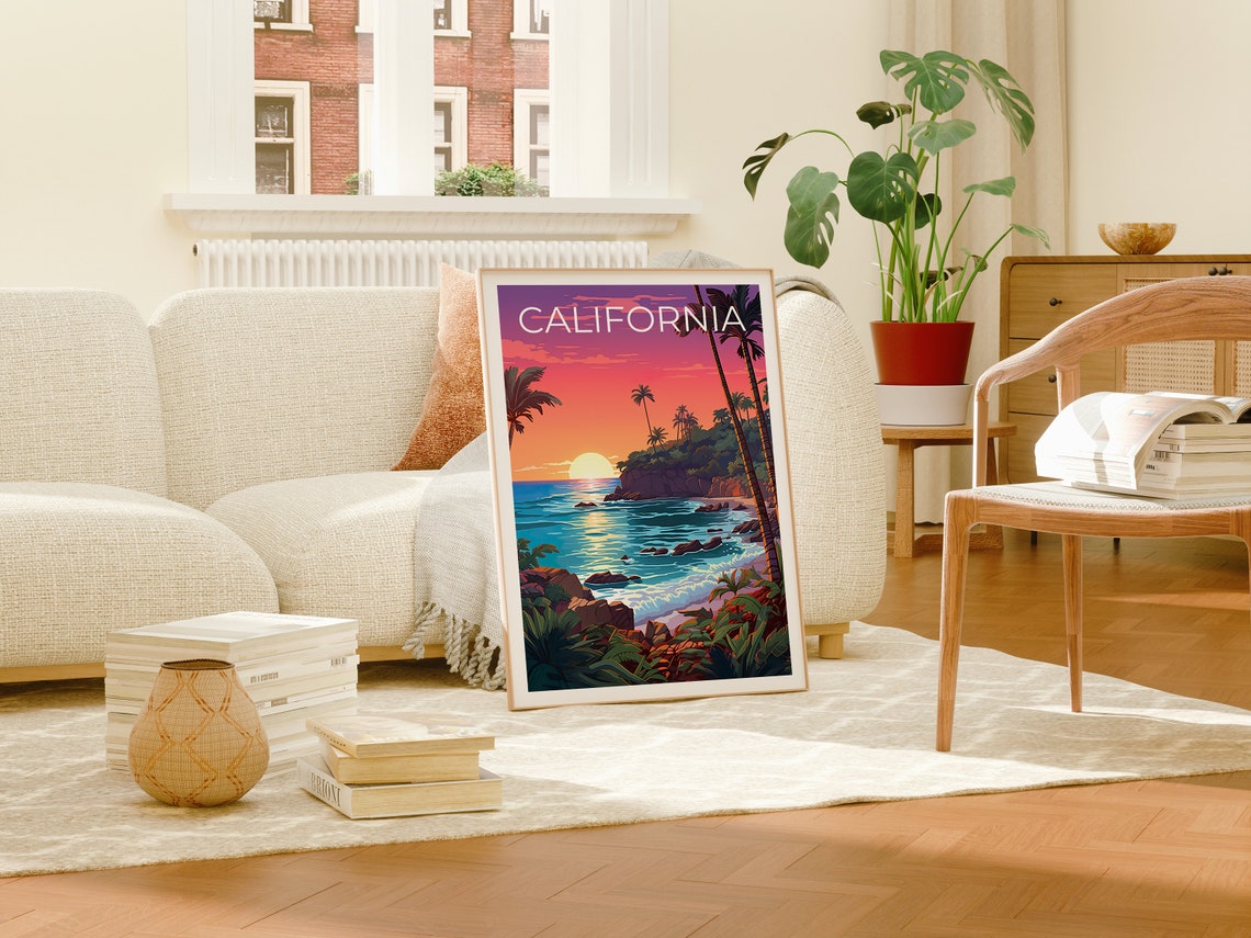 California Rocky Cove Sunset Palm Trees Ocean Waves View Poster - Image 4