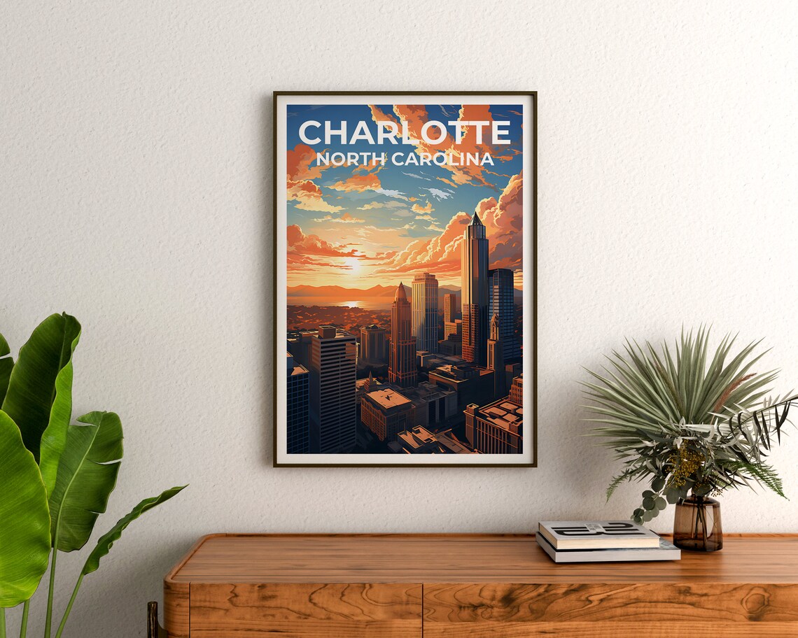 Charlotte North Carolina Skyline Sunset Skyscrapers City Travel Poster - Image 3
