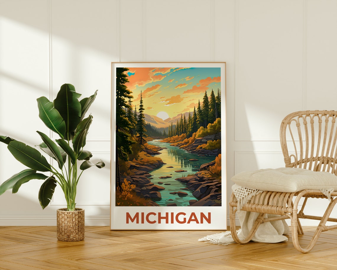 Michigan River Sunset Pine Forest Rocky Stream Valley Poster - Image 2