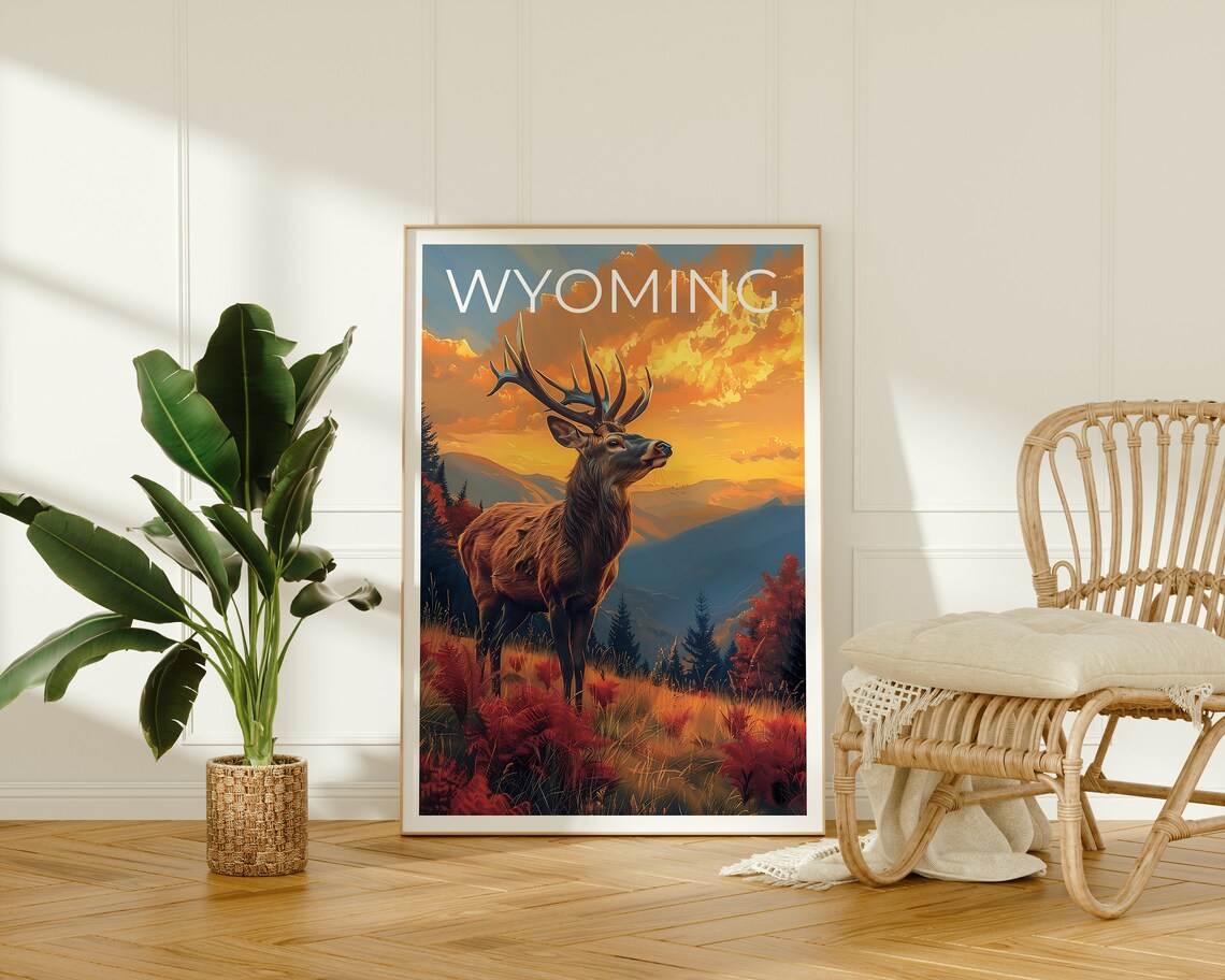 Wyoming Bull Elk Sunset Hillside Wildlife Mountain View Travel Poster - Image 2