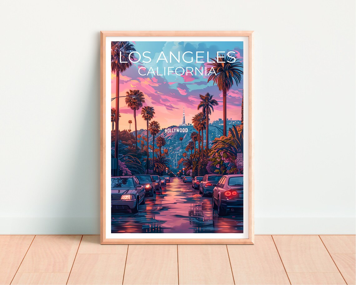 Los Angeles Hollywood Sign Sunset Palm Street California Poster - Image 4