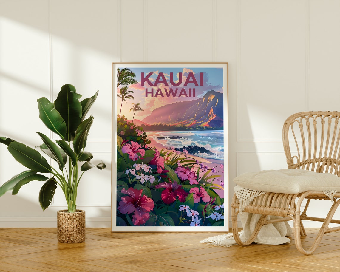 Kauai Hawaii Beach Hibiscus Flowers Mountain Coast View Poster - Image 2