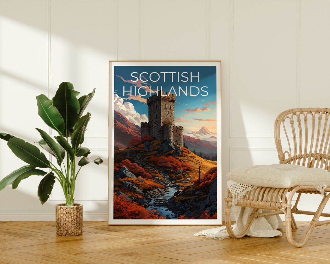 Scottish Highlands Castle Tower Autumn Sunset Hills Travel Poster - Image 2