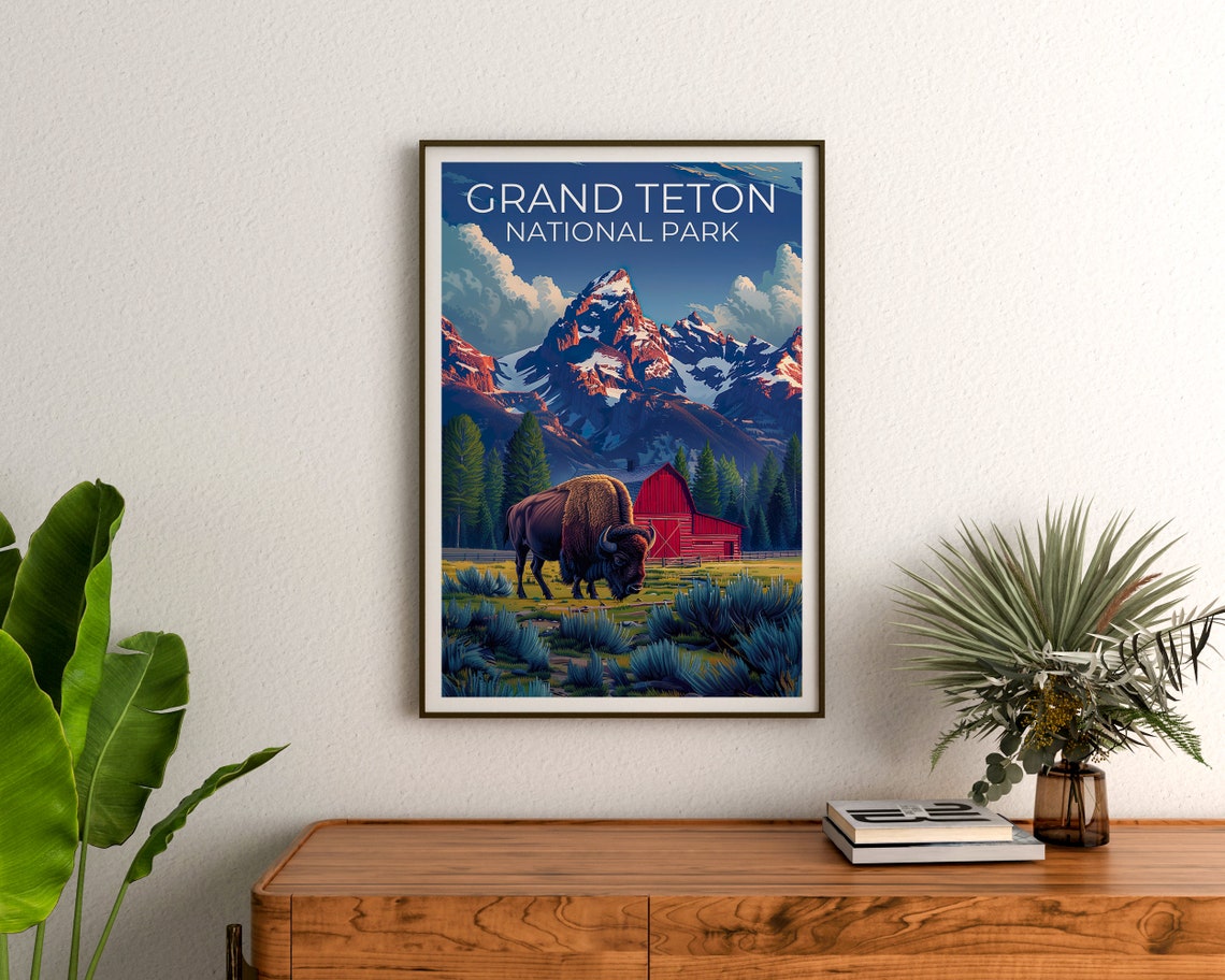 Grand Teton National Park Bison Red Barn Mountain View Poster - Image 3