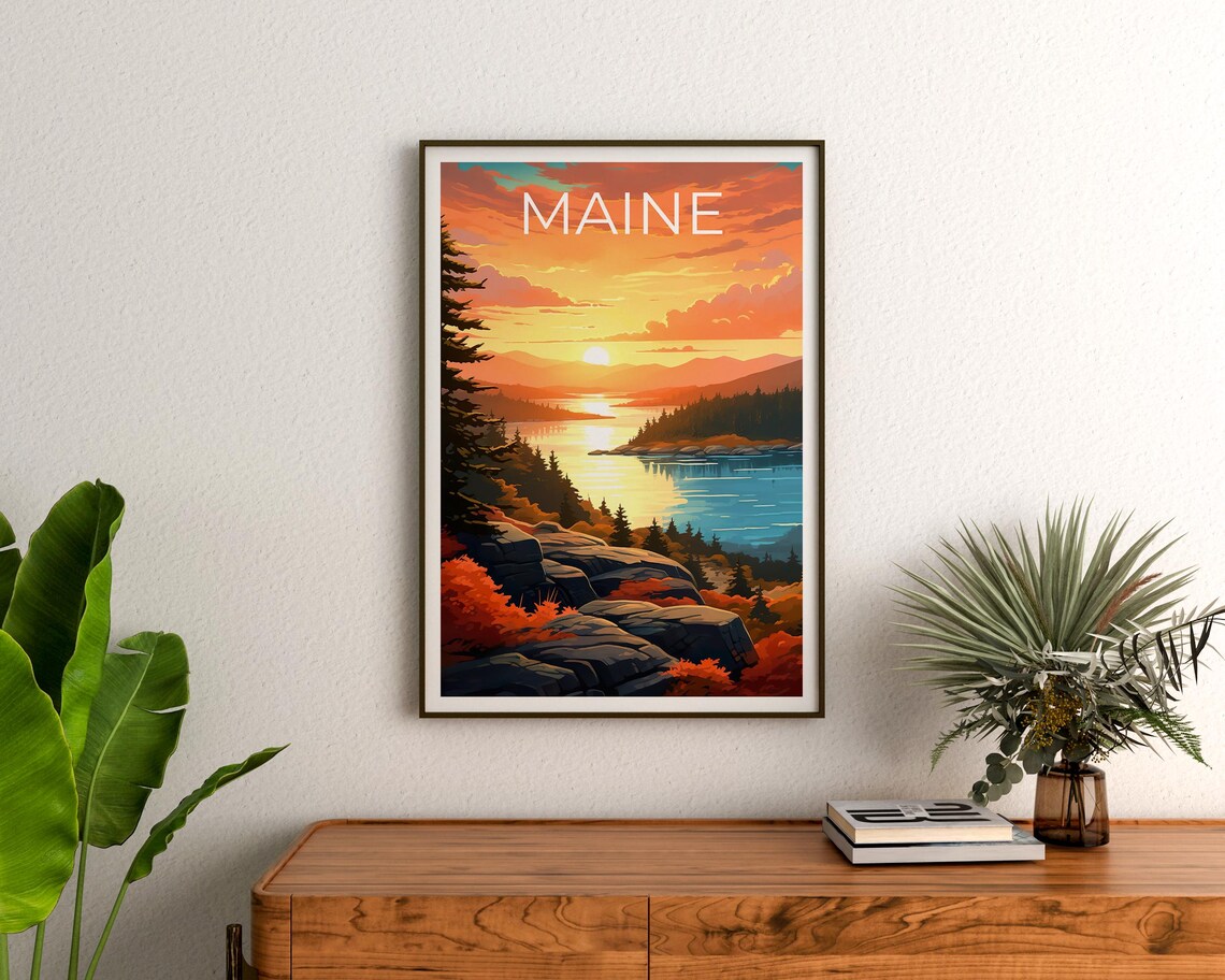 Maine Acadia Coast Rocky Shore Lake Sunset Autumn View Travel Poster - Image 2