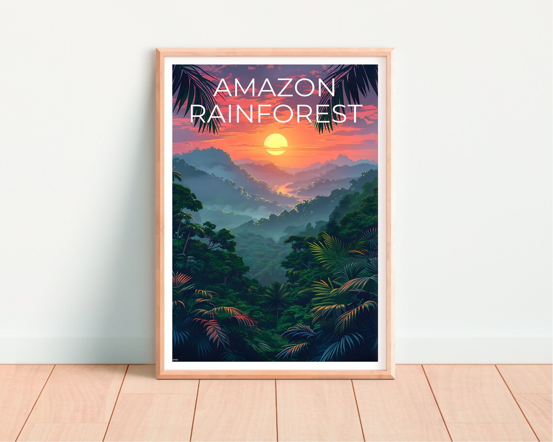 Amazon Rainforest Brazil Jungle Canopy Sunset River Mist Travel Poster - Image 4