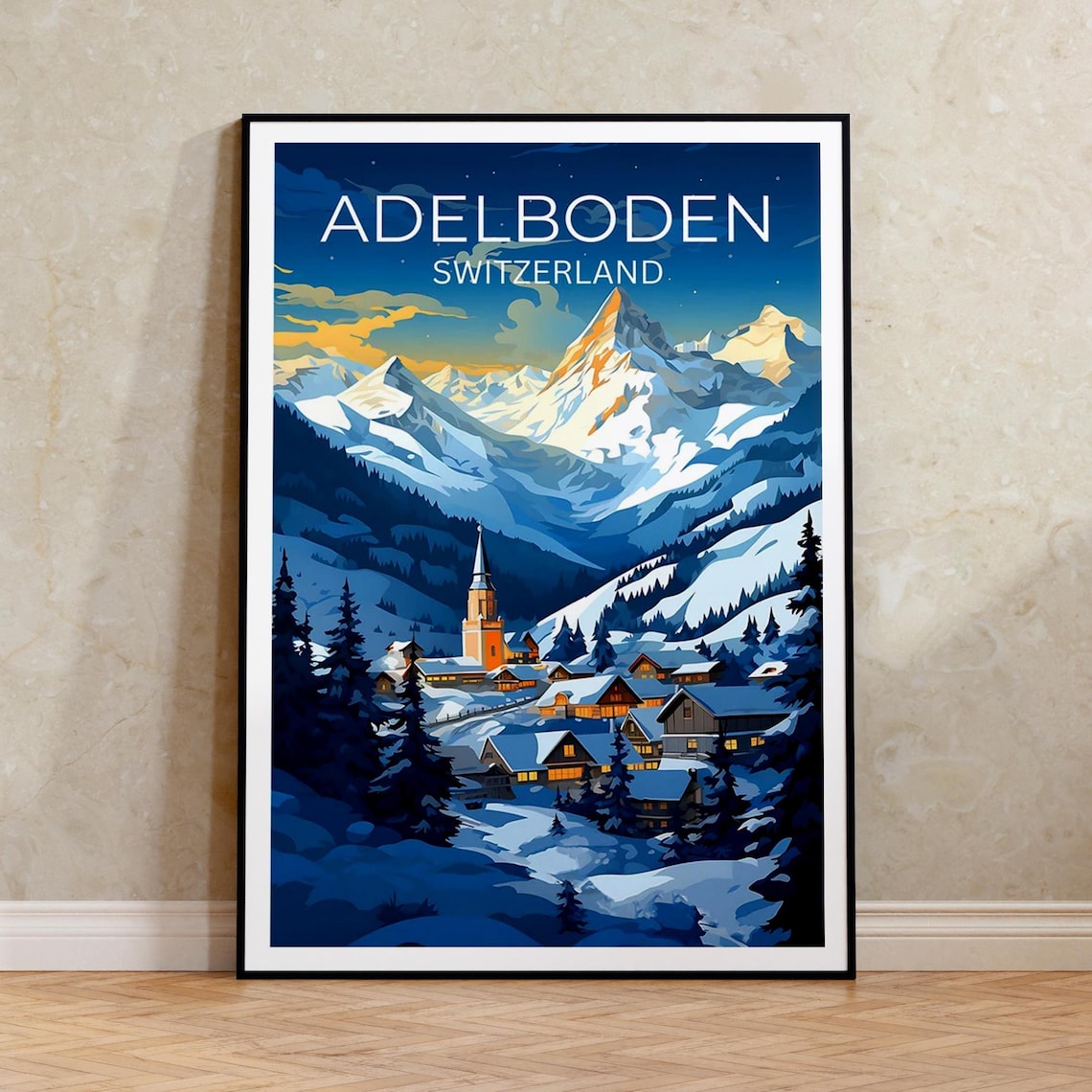 Adelboden Switzerland Snowy Alpine Village Church Night Lights Poster