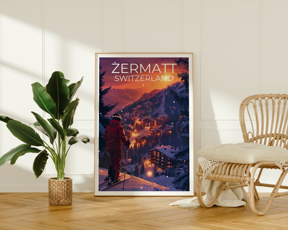 Zermatt Switzerland Ski Village Dusk Snowy Slopes Night Poster - Image 2