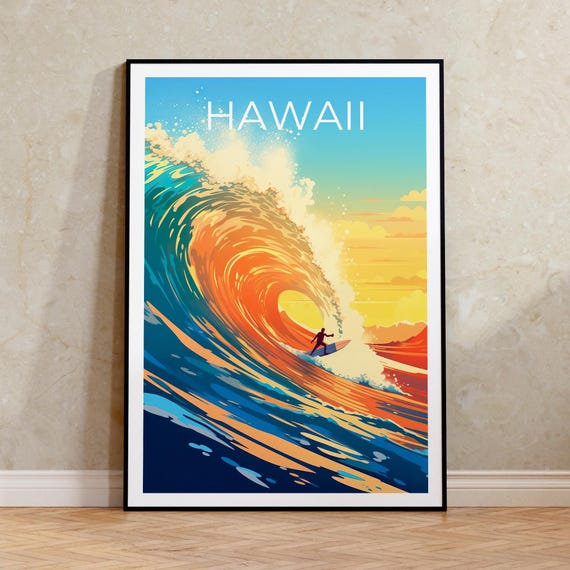 Hawaii Travel Print Surfing Poster Aloha Wall Art Tropical Island Illustration Home Decor Birthday Gift