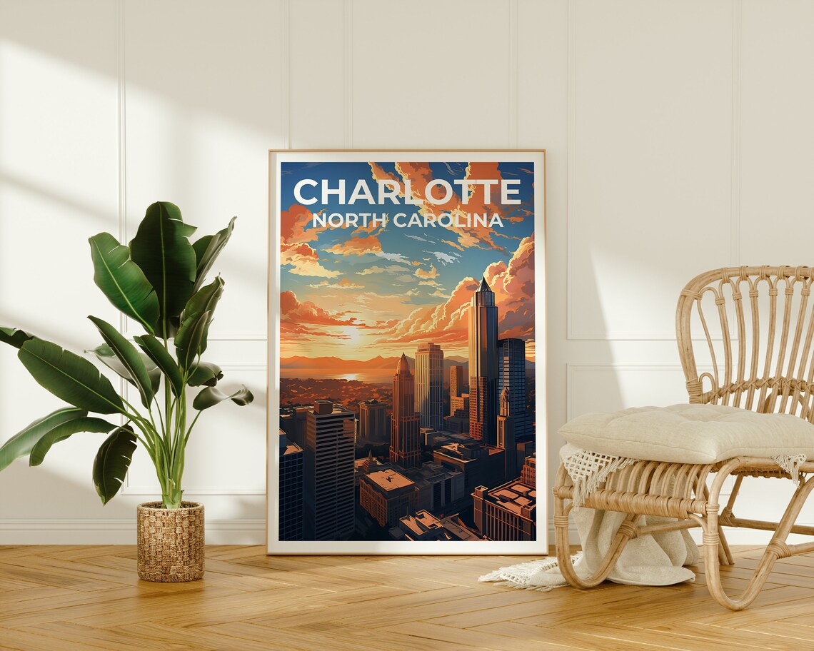 Charlotte North Carolina Skyline Sunset Skyscrapers City Travel Poster - Image 2