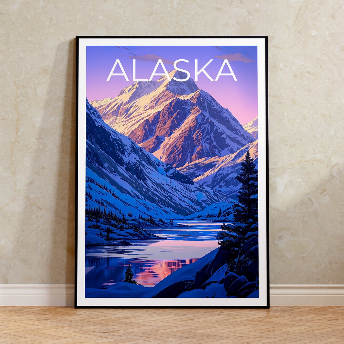 Alaska Snow Capped Mountains Frozen Lake Dawn Reflection Travel Poster