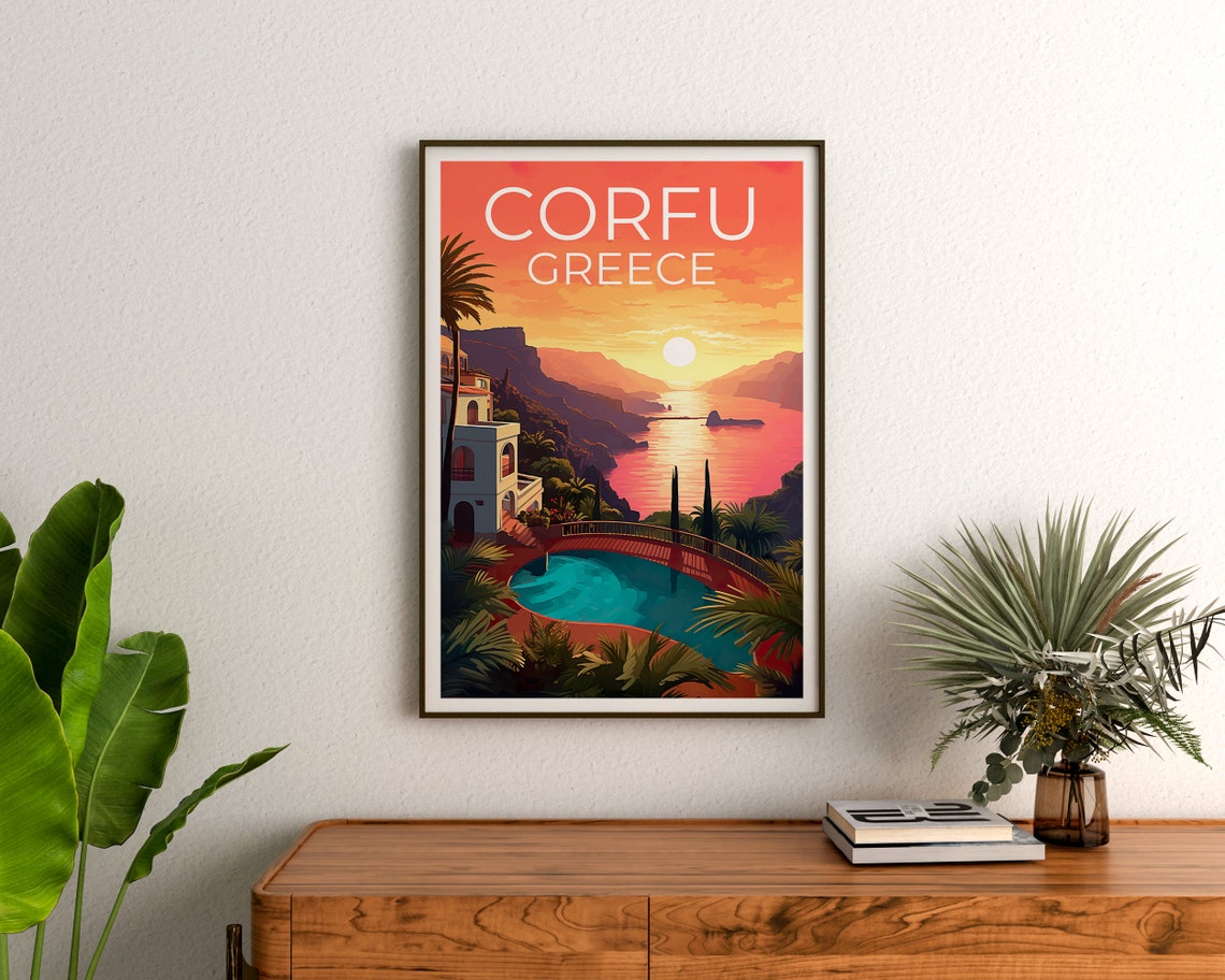 Corfu Greece Villa Pool Terrace Sunset Ionian Sea View Travel Poster - Image 3