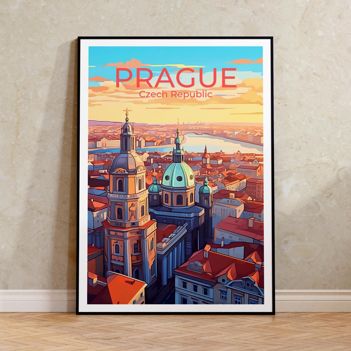 Prague Czech Republic Old Town Church Domes Golden Hour Travel Poster